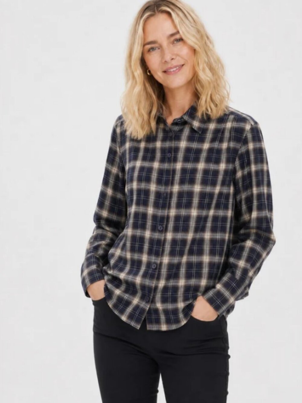 LIMER Navy Blue & Tan Plaid Flannel Button Down Shirt Shacket XS